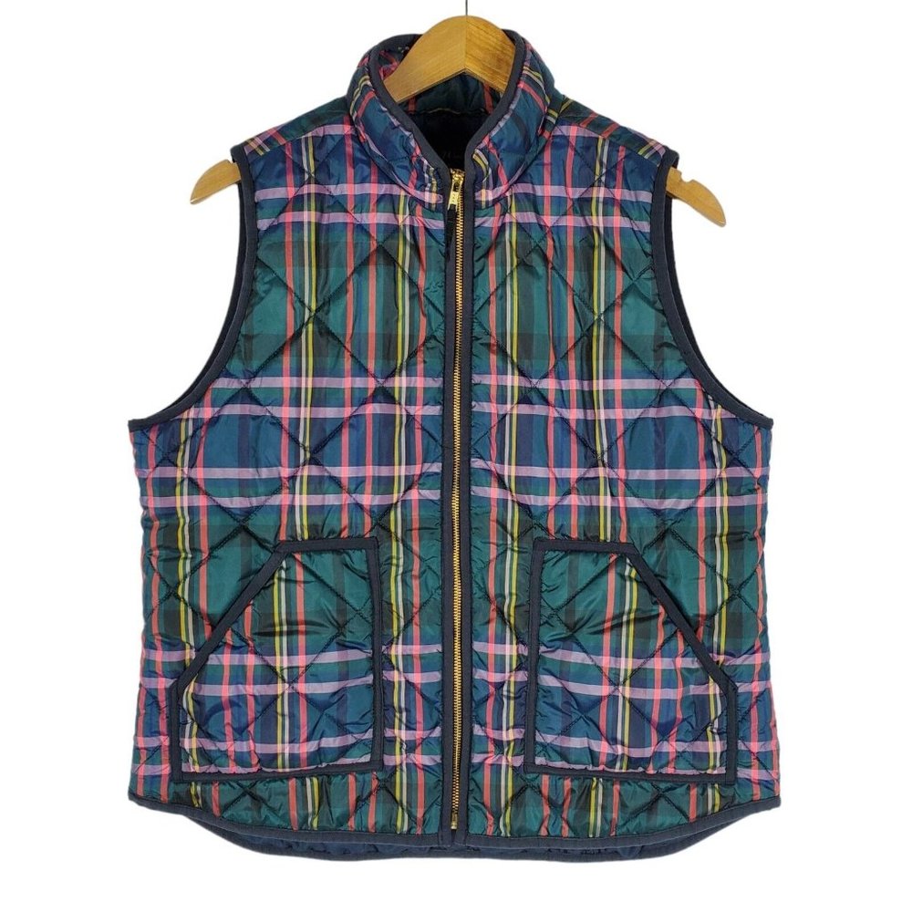 J Crew Womens Excursion Quilted Puffer Vest Sz L Signature Tartan Plaid Full Zip